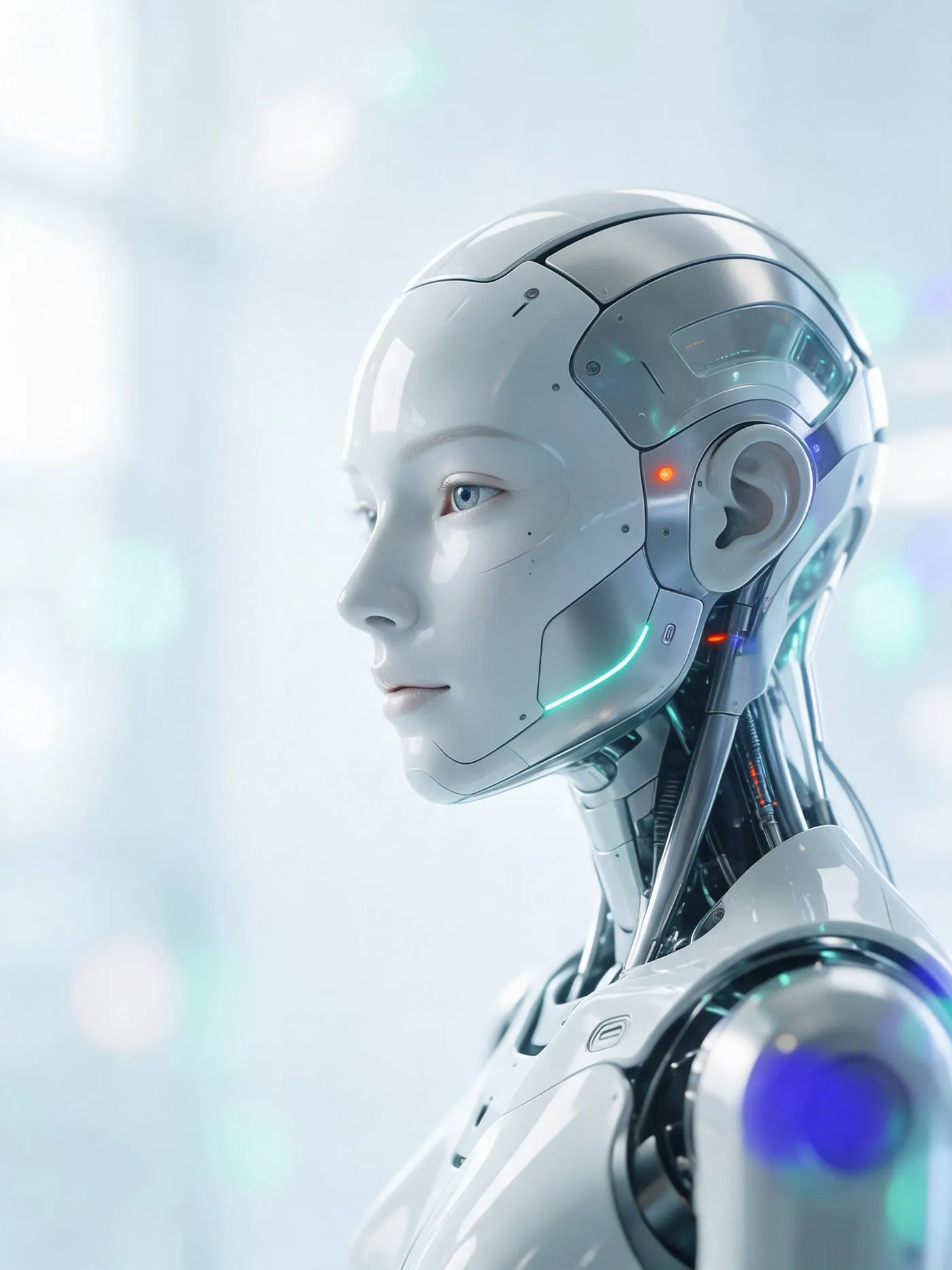 Androide humanoide blanco y plateado de perfil, con detalles de luz aqua, que representa la inteligencia artificial aplicada al negocio