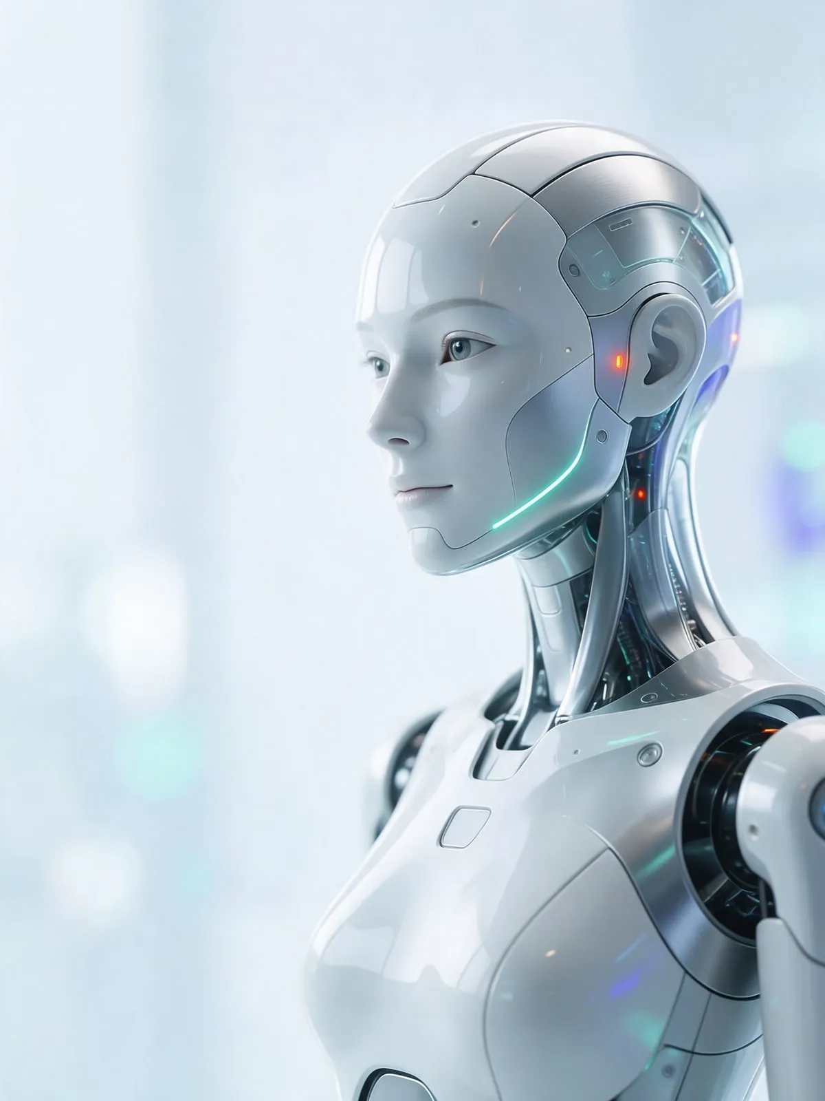 Androide humanoide blanco de perfil con detalles de luz aqua, sobre un fondo claro